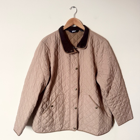 Jackets & Blazers - Lands' End Tan Quilted Jacket Corduroy Collar Snap Front XL